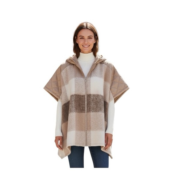 Time And Tru Plaid Stone Hooded Zipper Poncho Sweater - Picture 9 of 9
